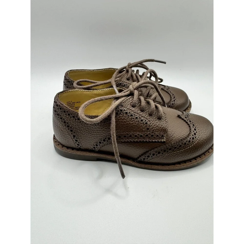 Janie and‎ Jack Kids Brown Pebbled Leather Wingtip Oxford Dress Shoes Size 8